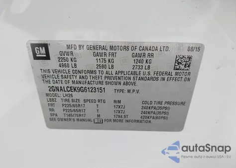 2016 Chevrolet Equinox Lt from USA, damaged, VIN 2GNALCEK9G6123151